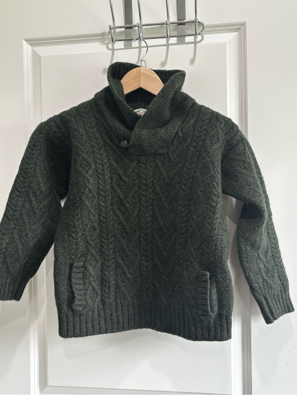 Aran Crafts 100% Merino Wool Forest Green Cable Knit Funnel Collar Sweater